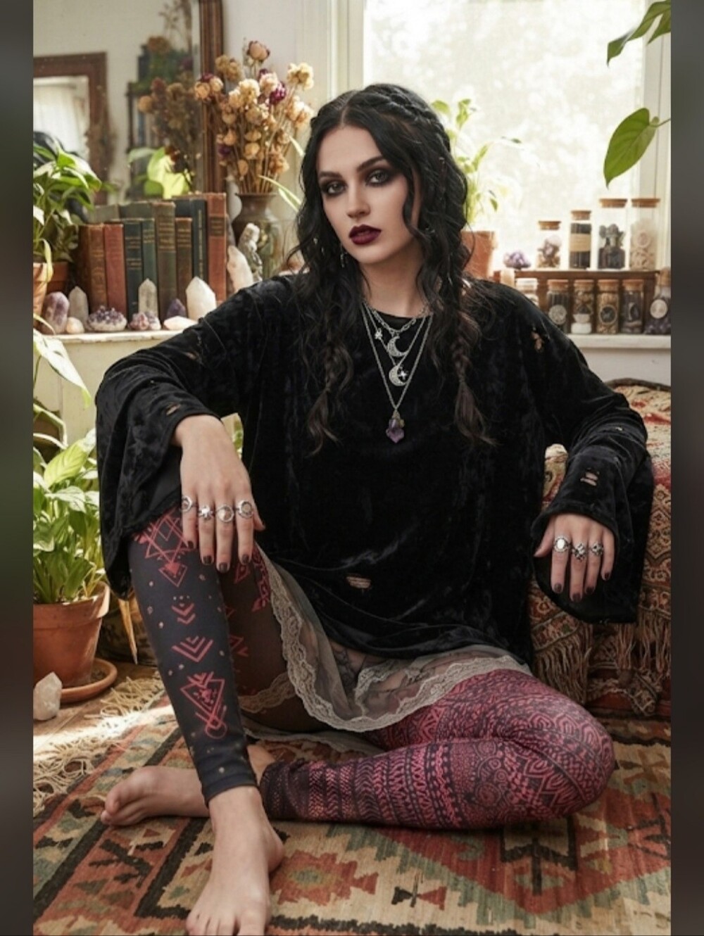 Mika Leggings Mandala Geometric Pattern Black and Burgundy, XS/S